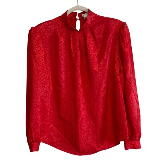 Vintage 70s Red Satin Roses Floral Shimmering Bishop Sleeve Blouse Size large - Picture 1 of 16